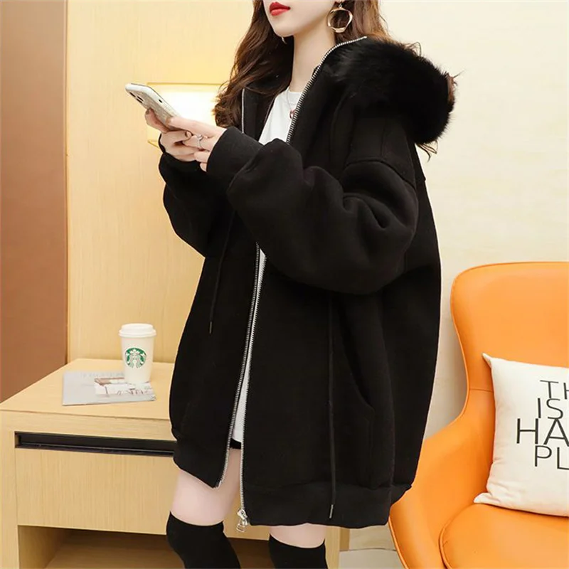 

Y2K Autumn Winter Casual Jacket 2024 New Hooded Fur Collar Women's Clothes Solid Colour Fashion Coat Thicken Overcoat Female