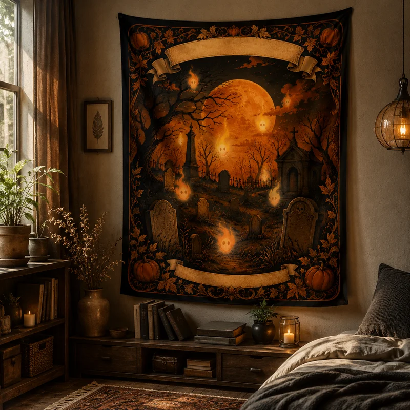 VIKAMA Halloween Wolf Tapestry, Full Moon Pumpkin Lanterns For Gothic Living Room And Bedroom Walls, Party Home Decoration