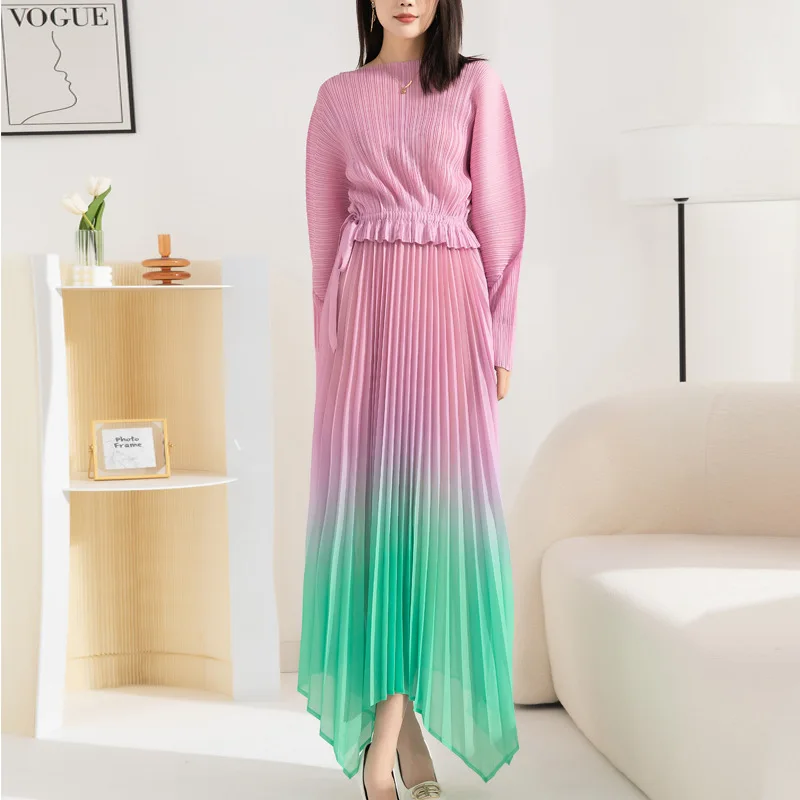 

MIYAKE Style High end fashion pleated oversized new gradient color waistband tie up irregular large hem long dress [20230008]