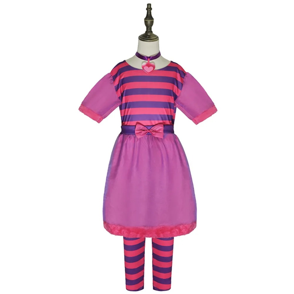 Roaming in Wonderland Cheshare Cat Cosplay Costume Kids Purple Striped Dress Accessories Full Set Girls Role Play Suit Halloween