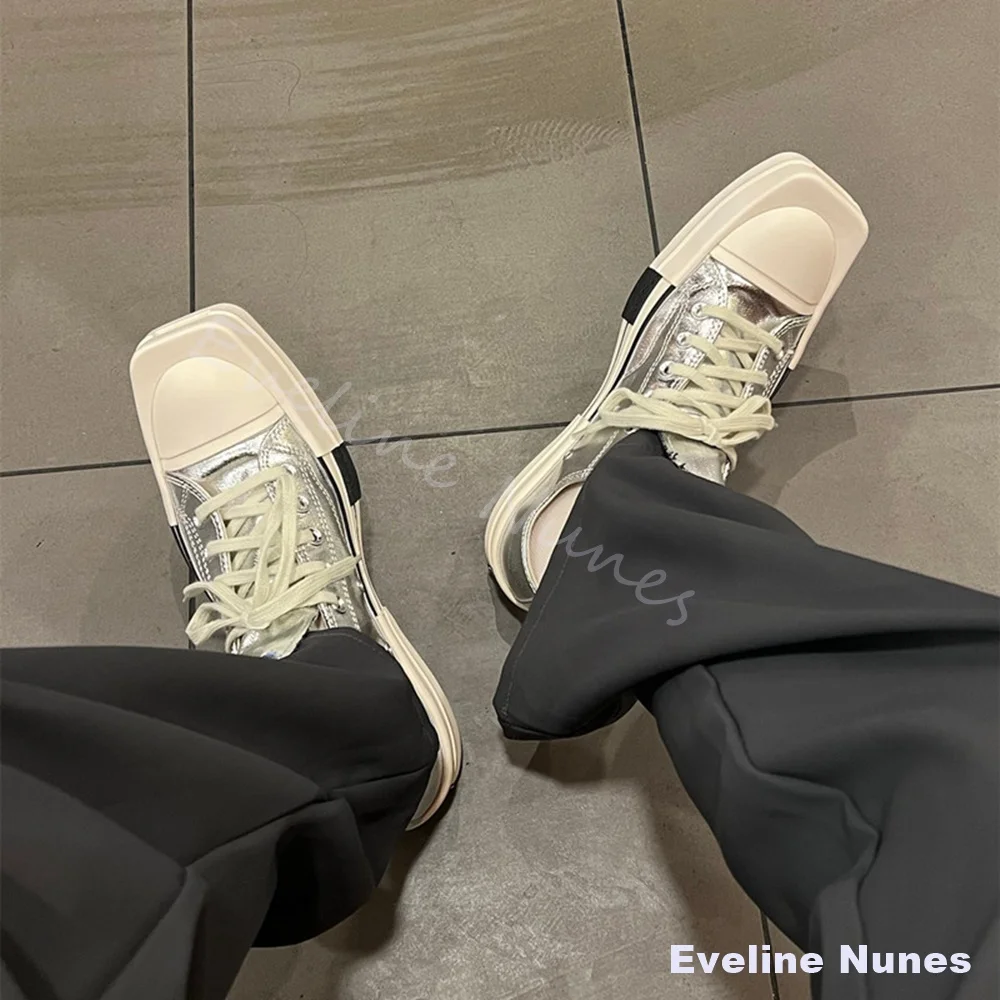 Silver Patent Leather Square-toe Sneakers Women/men Low-top Lace Up Platform Couples Shoes Street Trend Niche Casual Footwear