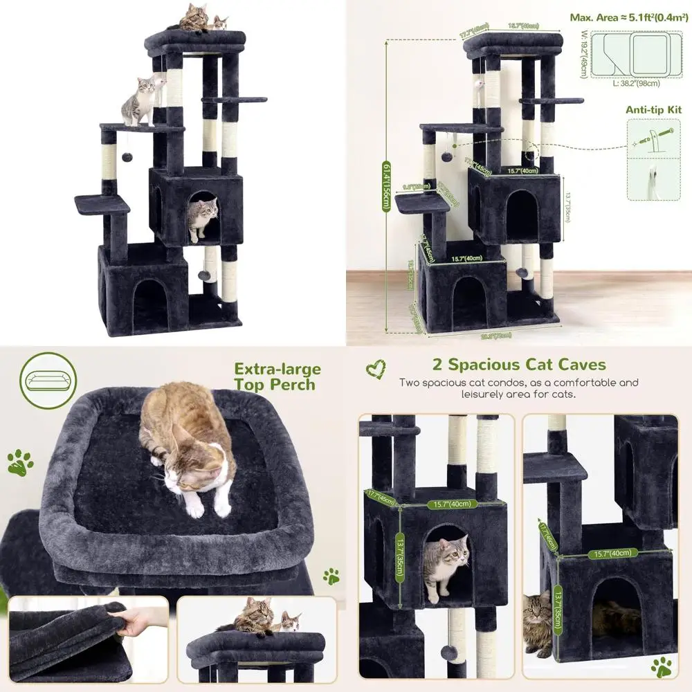 

Прочная комнатная когтеточка-башня для крупных кошек с когтеточкой и высокой полкой, 61, темно-серый