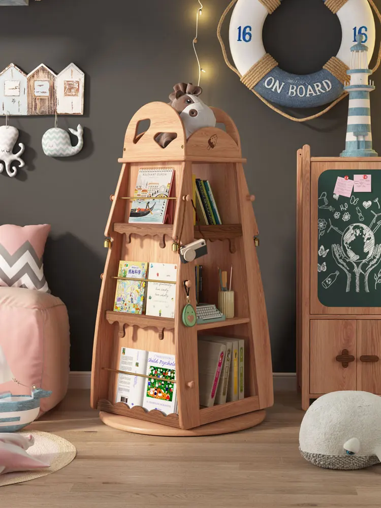 Ice cream solid wood rotating bookcase Children's bookcase floor-to-ceiling storage cabinet Study reading picture book shelf