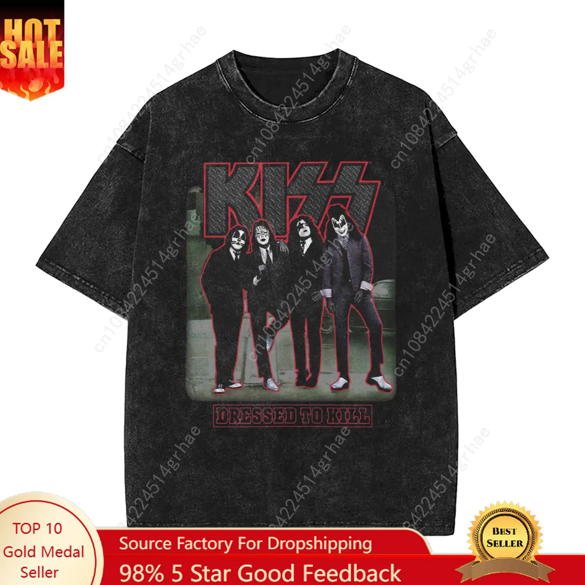 

Men's T-Shirt Kiss band Washed T Shirts Hipster Summer Tee Shirt Streetwear Loose Cotton Clothing Gift