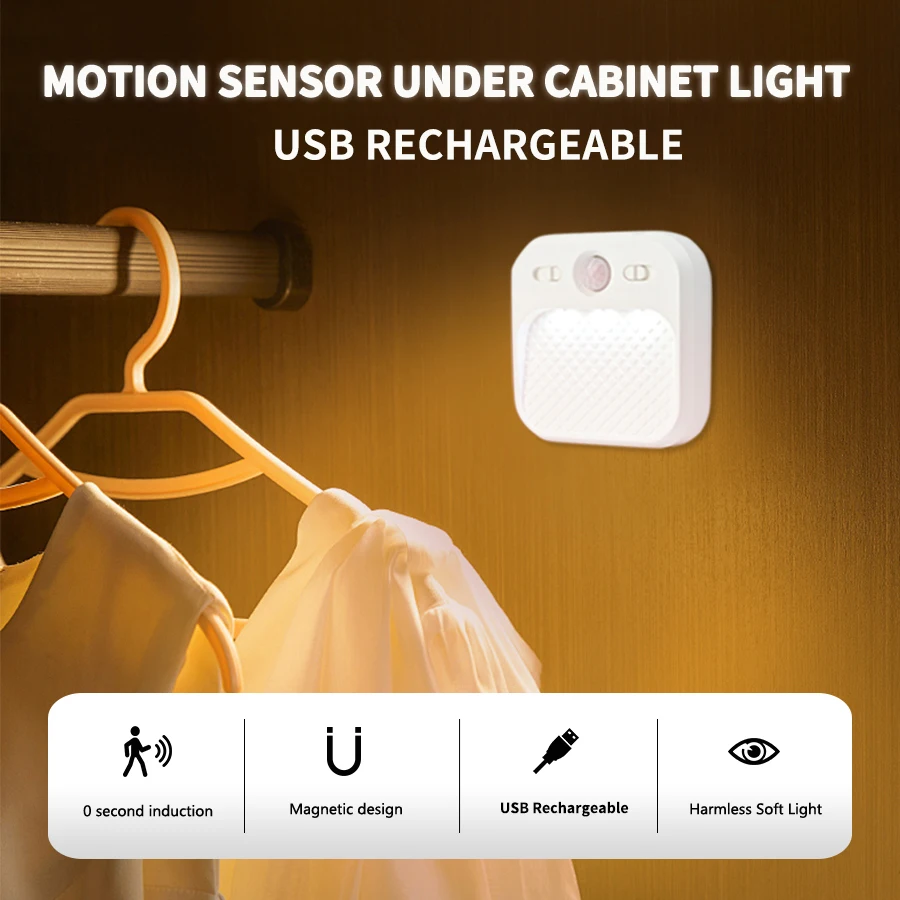 1-4 Pak Lampu Malam LED Sensor Gerak Lampu Malam Magnet Tempel Dapat Diisi Ulang untuk Kamar Tidur Tangga Kabinet Lorong Lampu Dapur