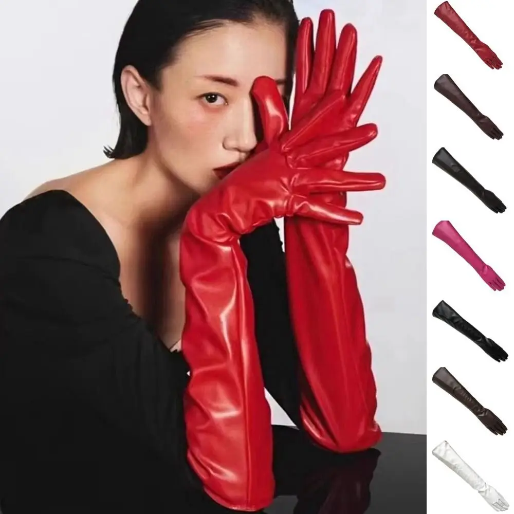 High Quality Solid Color Pu Leather Gloves Touch Screen 1920s Long Gloves Warm Retro Touch Screen Mittens Stage Performance