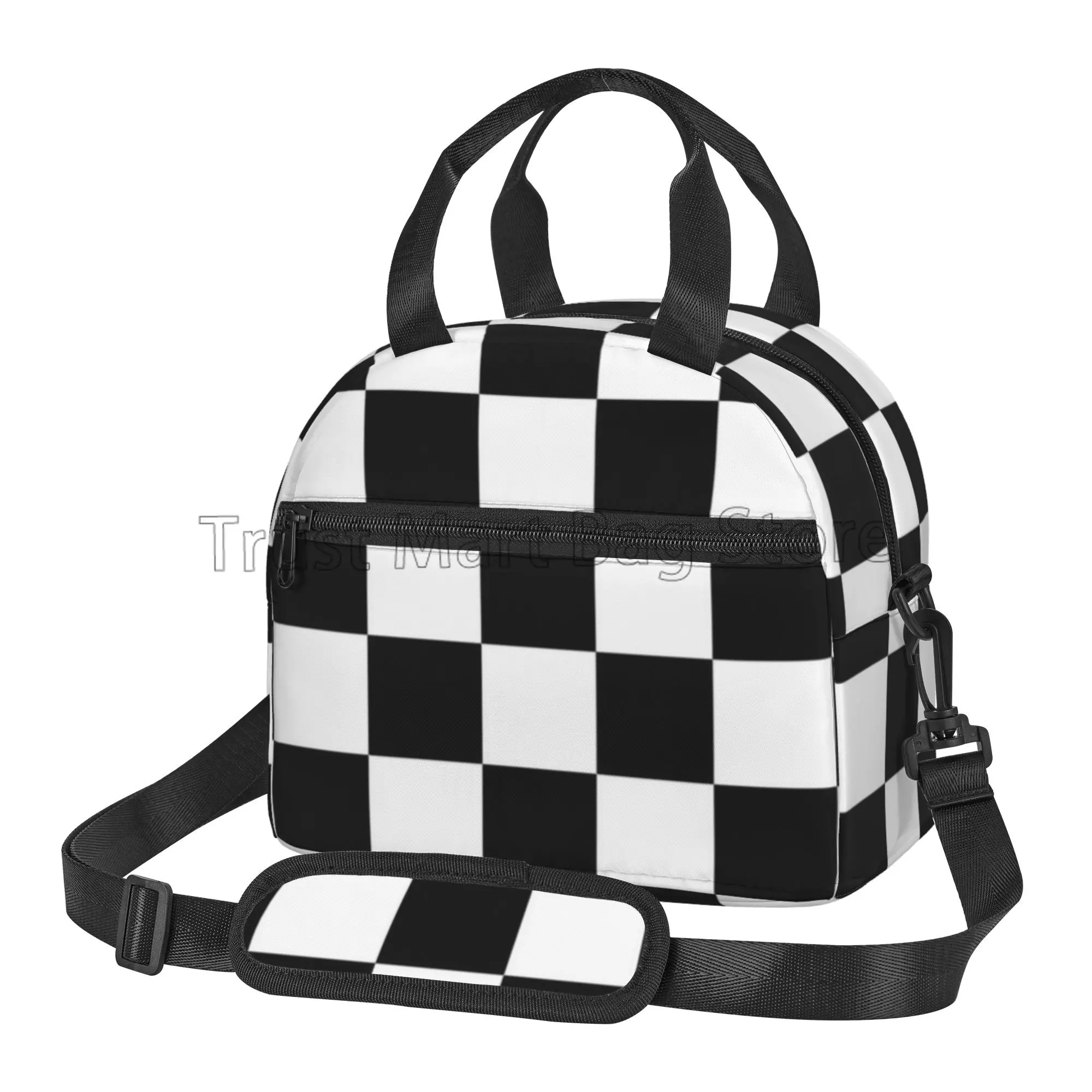 Black White Checkered Print Lunch Bag Checkerboard Reusable Insulated Tote Bag Lunch Container with Adjustable Shoulder Strap