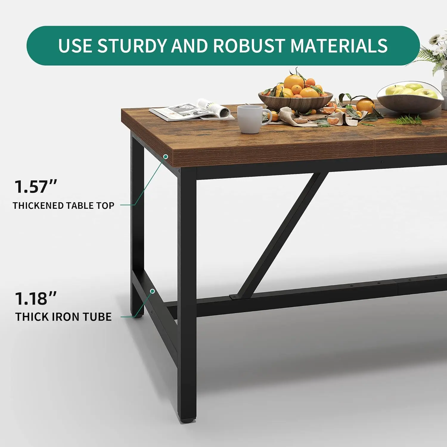 Large 70.8" Rustic Farmhouse Dining Table for 6-8 People, Industrial Wood Style Rectangle Apartment Table