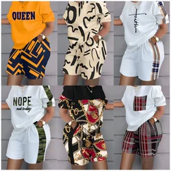 Women Casual Short Sleeve Outfit 2023 Summer Fashion Letter Printed O Neck Pocket Suit Female T Shirt Top Shorts Two Pieces Set