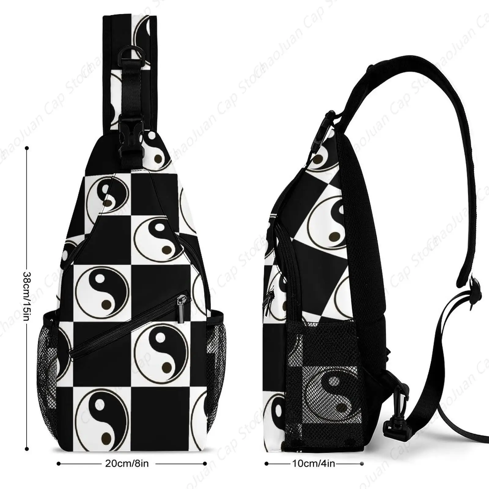 Bolso bandolera con símbolo de Yin Yang |   Mochila bandolera ajustable en blanco y negro |   Mochila informal ligera para viajes, senderismo
