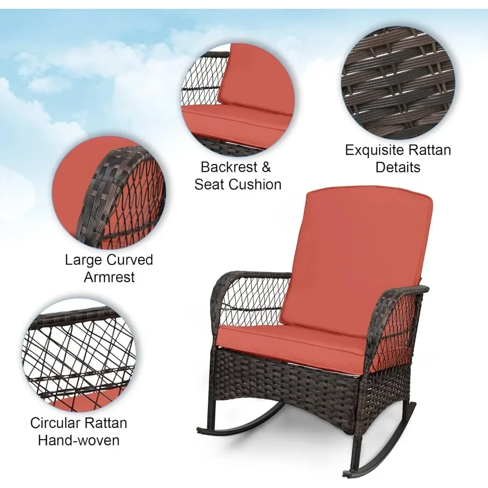 3 pcs Rocking Bistro Set Conversation Chairs PE Wicker Outdoor Rocking Chairs(Rocking Set,Orange Red)