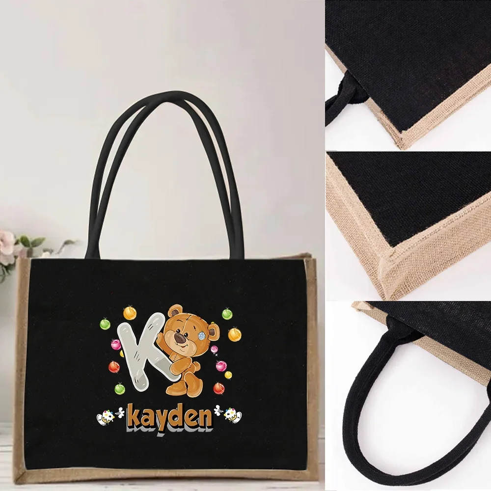 Personalized Customization Name Linen Handbag Shopping Bag Retro Grocery Bag Summer Beach Bag Cartoon Bear Pattern
