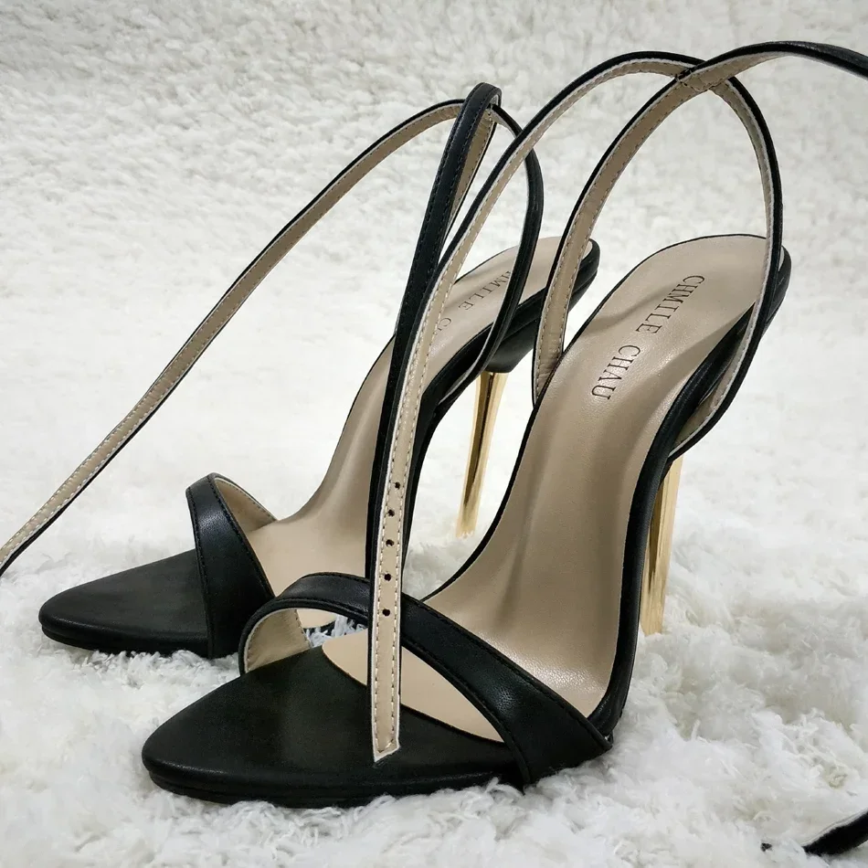 Sexy Black Leather High Heel Slimmer Popular Dress Party Women Sandals Summer New Open Toe Ankle Strap Stiletto Heel Shoe 3845-i