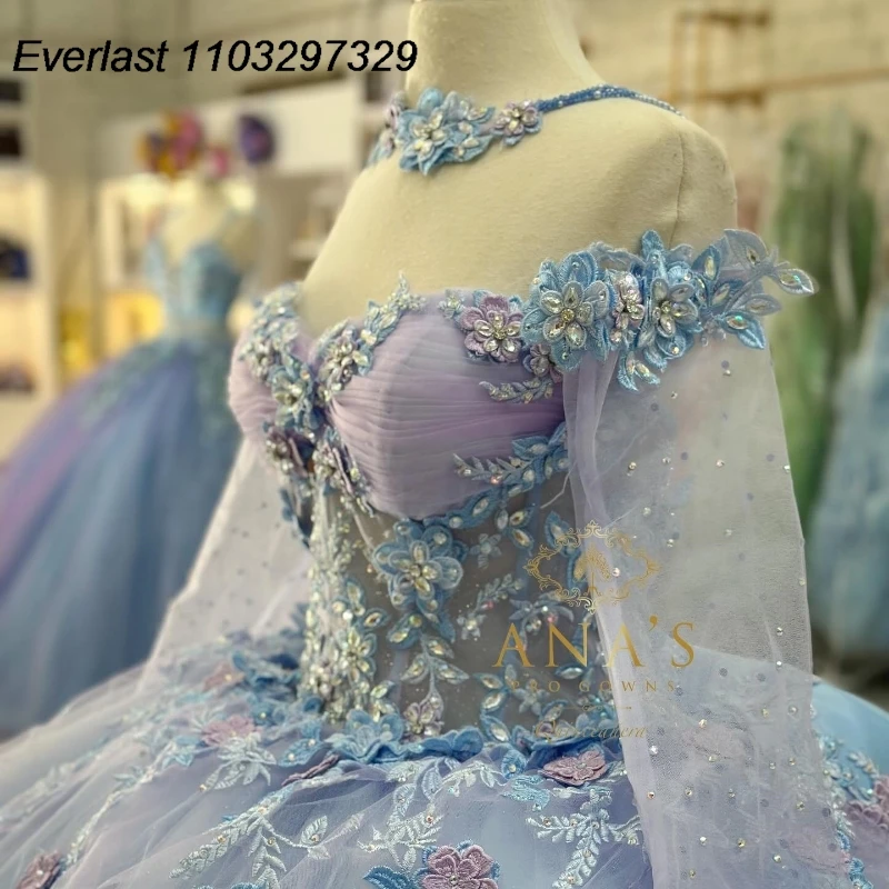 EVLAST Princess Blue Quinceanera Dress Ball Gown Lace Applique cristalli di perline con mantello Sweet 16 Vestidos De 15 Anos TQD766