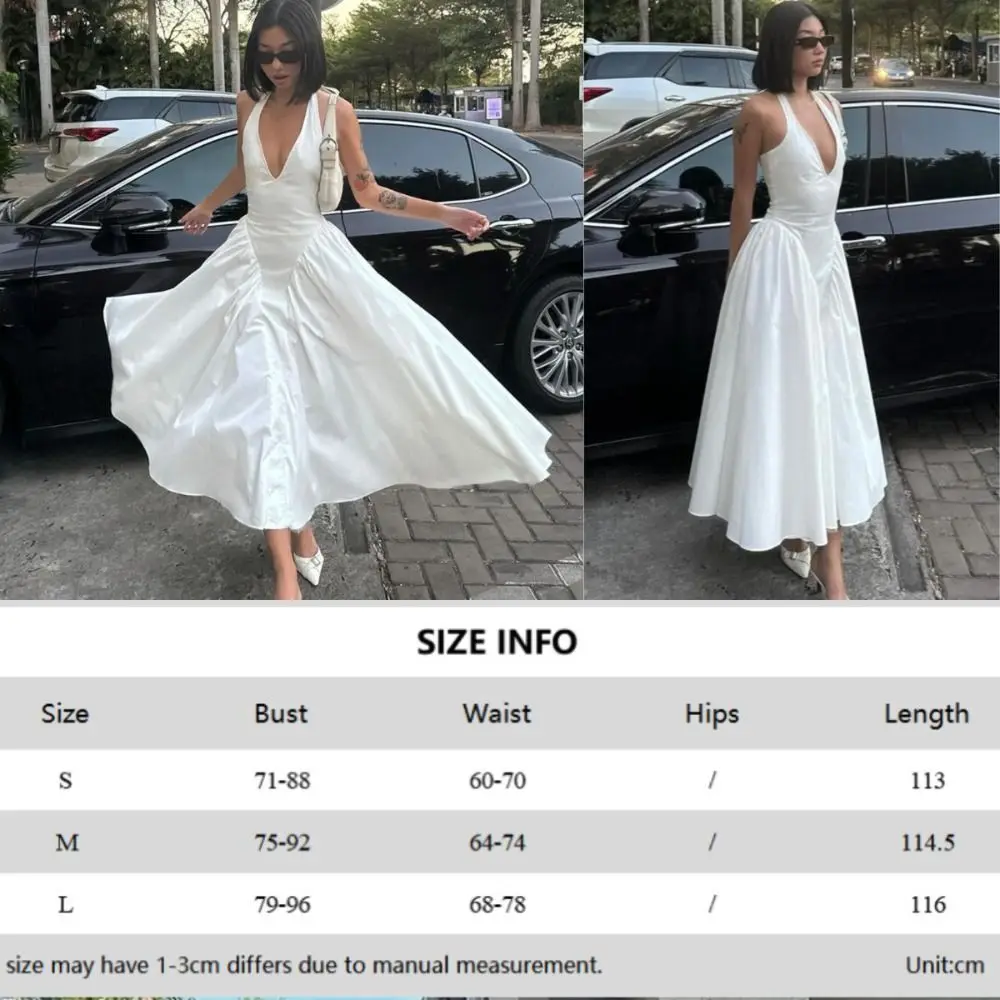 Elegant Solid Color Maxi Dress Neck Hanging V-neck Camisole Dress Sleeveless High Waisted Halter Dress Street