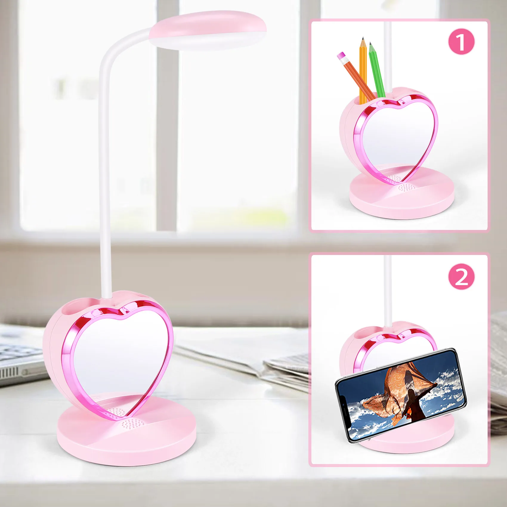 ABZV-LED Desk Lamp for Girls, Rechargeable LED Desk Lamp with USB Charging Port & Pen Holder, Eye-Caring Dimmable Pink