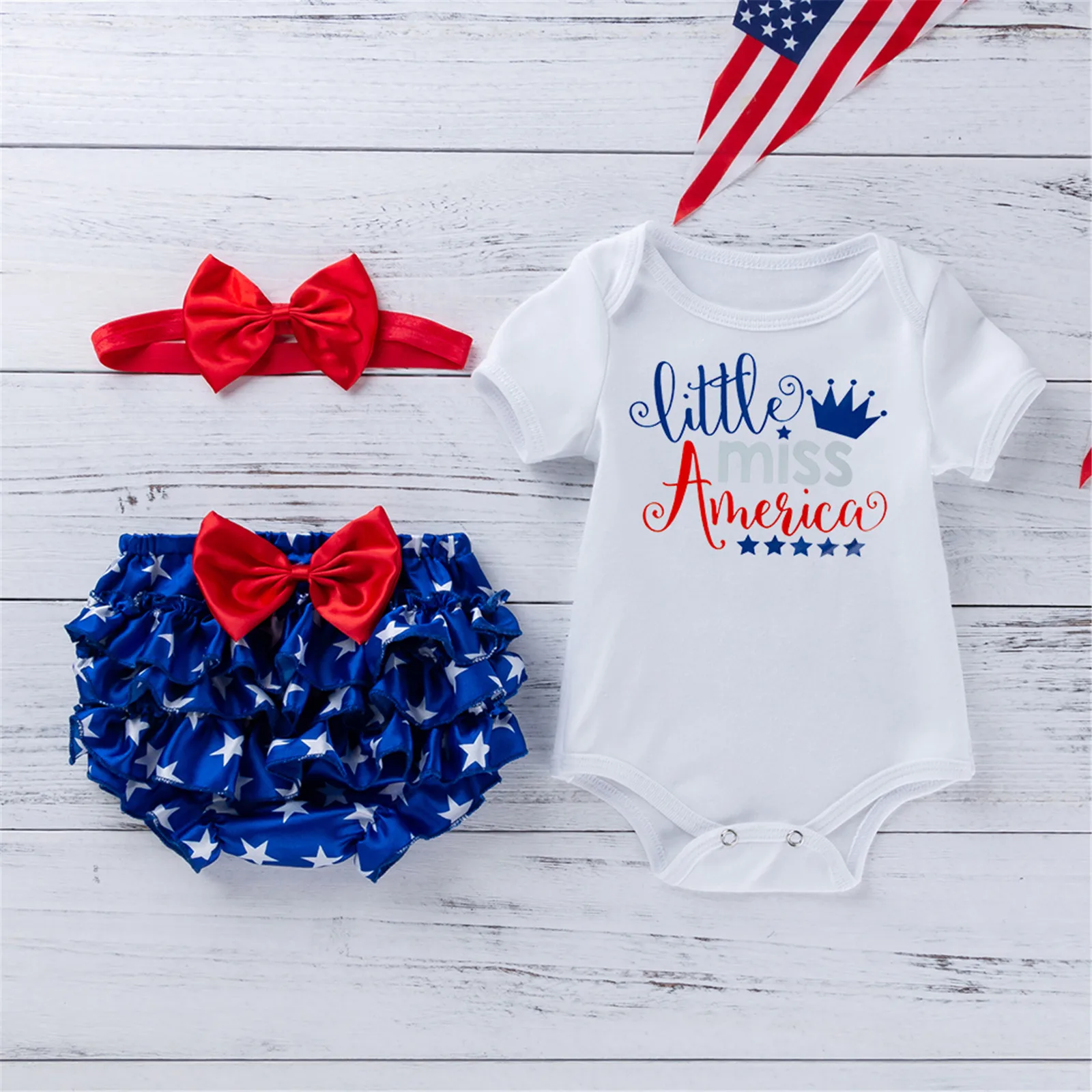 

Independence Day Baby Girls Outfit Infant Summer Letter Printing Short Sleeve Round Collar Romper Star Shorts Bow Headwear