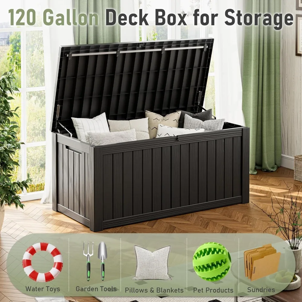 مقعد تخزين خارجي مقاوم للماء، صندوق سطح من الراتنج سعة 120 جالونًا مع غطاء قابل للقفل، خزانة متينة مقاومة للعوامل الجوية للاستخدام الخارجي #6