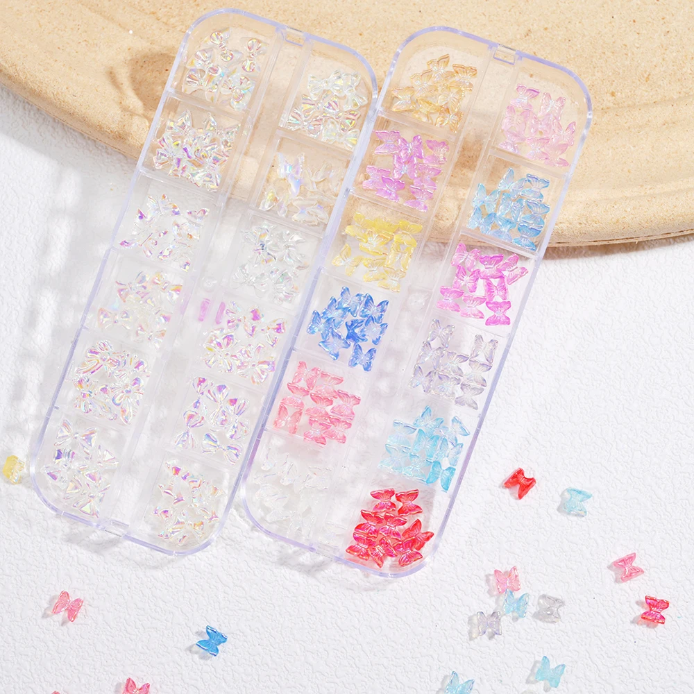 1 Box Aurora Colorful Butterfly Nail Decortaion 3D AB&Pink 6mm Cute Butterfly Nail Charms Exquisite Gems Manicure Accessory U&RW