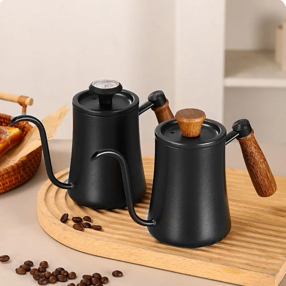 Stainless Steel Goose Neck Coffee Pot 550ml/850ml Wooden Handle Pour Over Coffee Kettle Comfortable Grip Temperature Meter