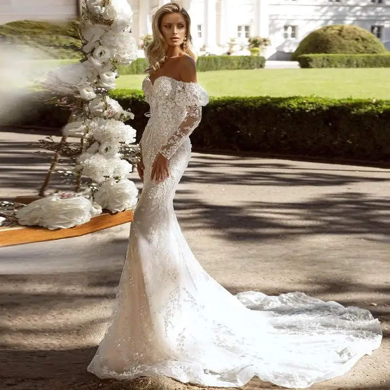 

customized Sweetheart Long Sleeve Lace Mermaid Wedding Dress Tull Luxury Beading Appliques Sparkly Princess Bridal Gown