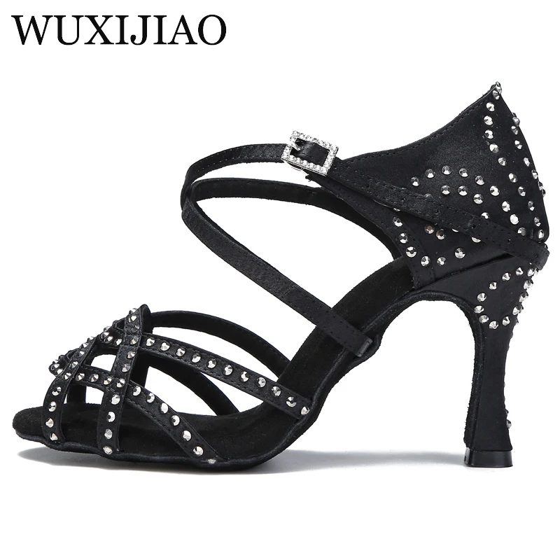 WUXIJIAO Latin dance shoes women fluorescent green satin salsa shoes girls ballroom  sports sandals rhinestone heels