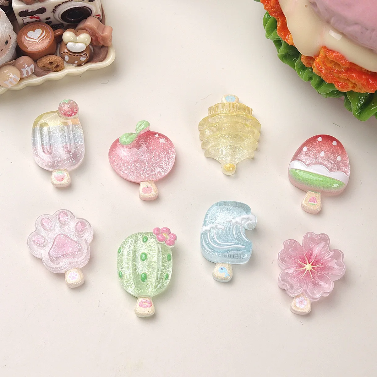 20pcs  Kawaii Transparent glitter Popsicle Resin Flatback Cabochon Scrapbooking Phone Decoration Craft DIY Hair Bows Center