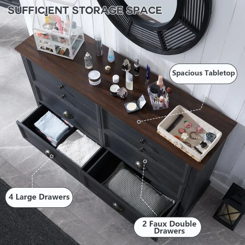 Commode rustique en bois à 6 tiroirs, coffre de rangement large 58 pour chambre à coucher, organisateur avec deux fonctionnalités distinctives