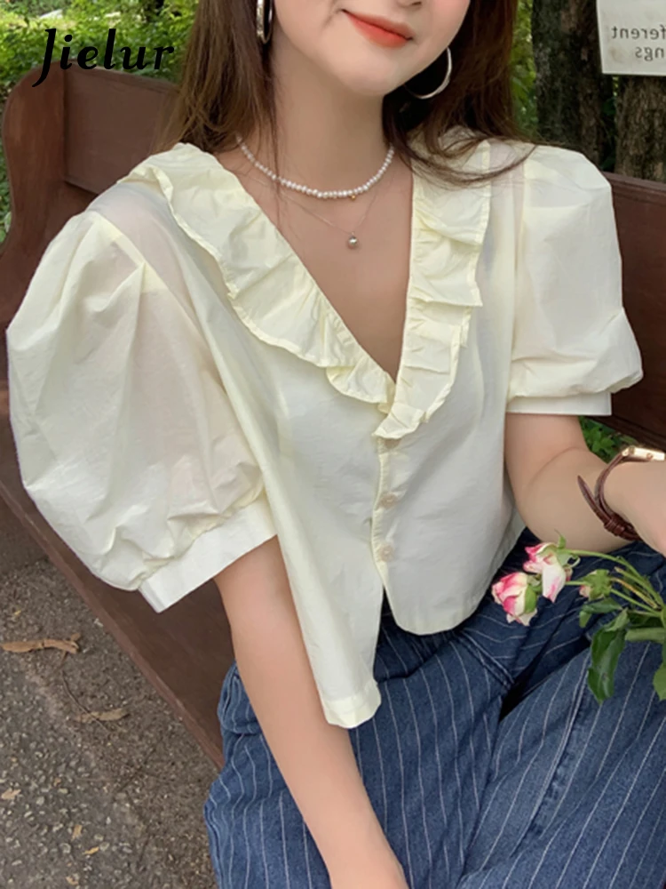 Jielur French Fashion Lace Puff Sleeve Shirt Female V-neck Sweet Girls Crop Top Light Yellow Green Blouse Summer Women's Shirt