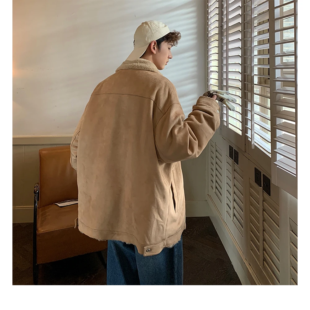 Autumn Winter American Retro Suede Warm Khaki Cotton Jacket Unisex Thickened Gray and Dark Blue Casual Cotton Coat