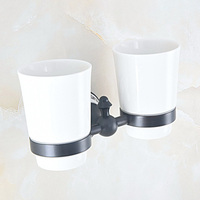 Wall Mounted Oil Rubbed Bronze Double Cup Holder Toothbrush Holder with Two Ceramics Cups Rack Tumbler Holder Nba759