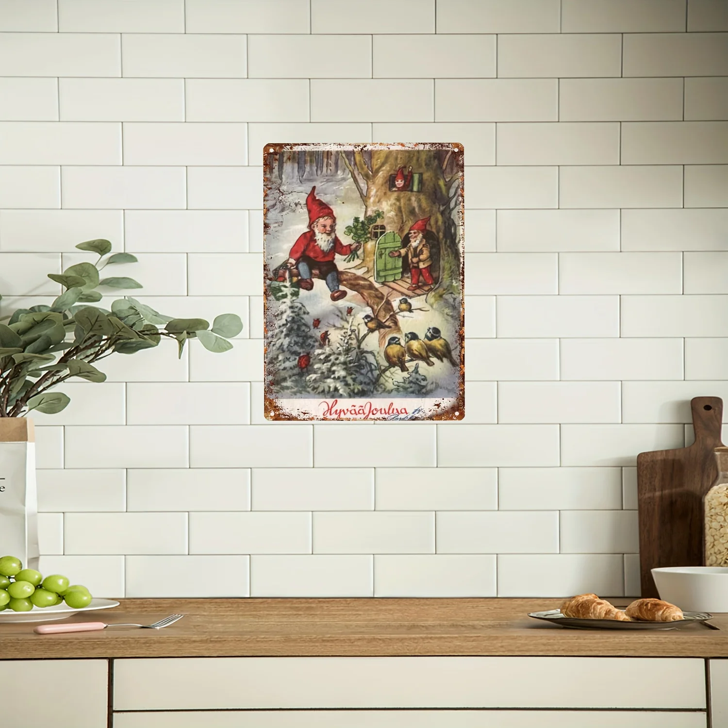 2D Flat Vintage Finnish Christmas Metal Wall Sign 20.32X30.48cm Rustic Gnome Greetings Santa Letter Box Snowy Winter Scandinavia