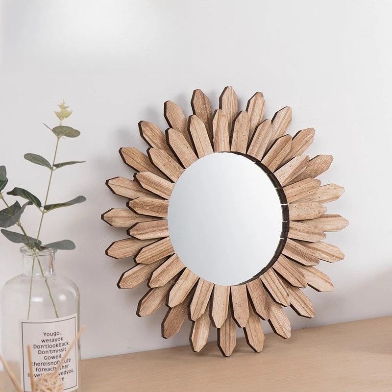 30/43cm Round Sunflower Wall Mirror, Handmade Round Decorative Mirror for Entryway Hallway Bedroom, Rustic Boho Home Hotel Decor
