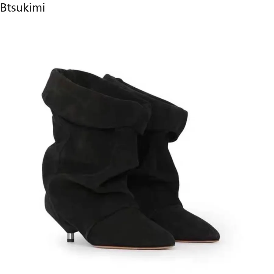 New 2026 Autumn and Winter Women's Thin Heel Short Boots Fashion Pointed Wide Tube Folded Stacked Boots Ladies Large Ankle Boots