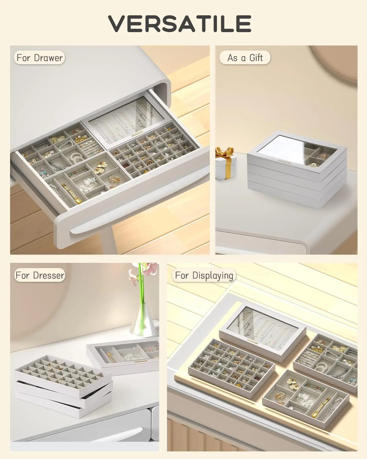 منظمات المجوهرات الكبيرة وصندوق تخزين، 4 طبقات لتنظيم المجوهرات قابلة للتكديس، غطاء شفاف للأدراج #6