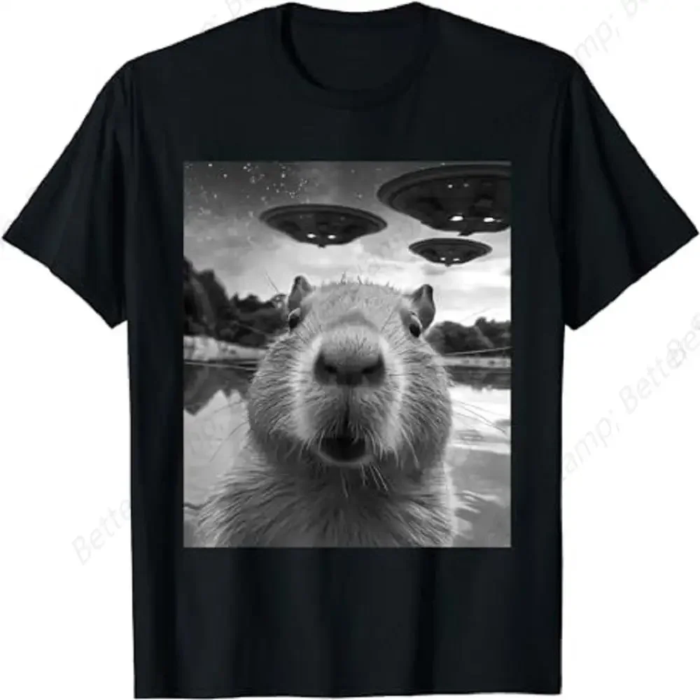 

Funny Graphic Tee Capybara Selfie with UFOs Weird T-Shirt