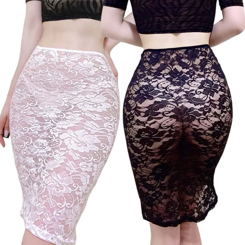 

FREEAUCE Black Lace See Through Wrap Hips Pencil Mini Skirts Pleated Long Skirt for Women Night Club Party Sexy Girls Wear Dress