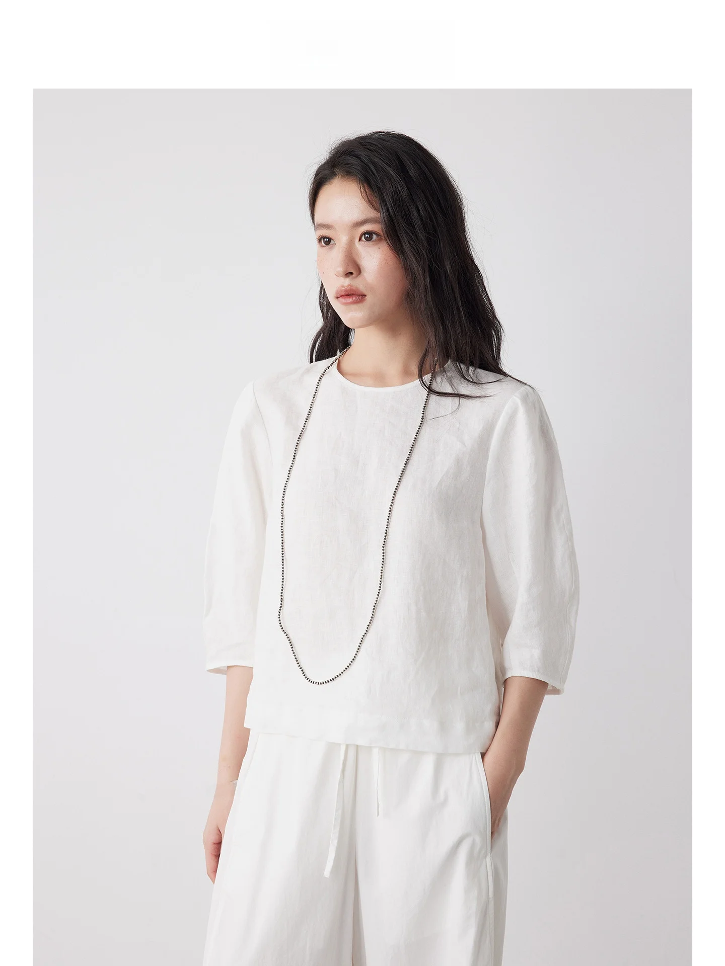 

Повседневная льняная рубашка DE Mincollection с круглым вырезом и коротким рукавом, свободного кроя, дышащая, из тонкого льна