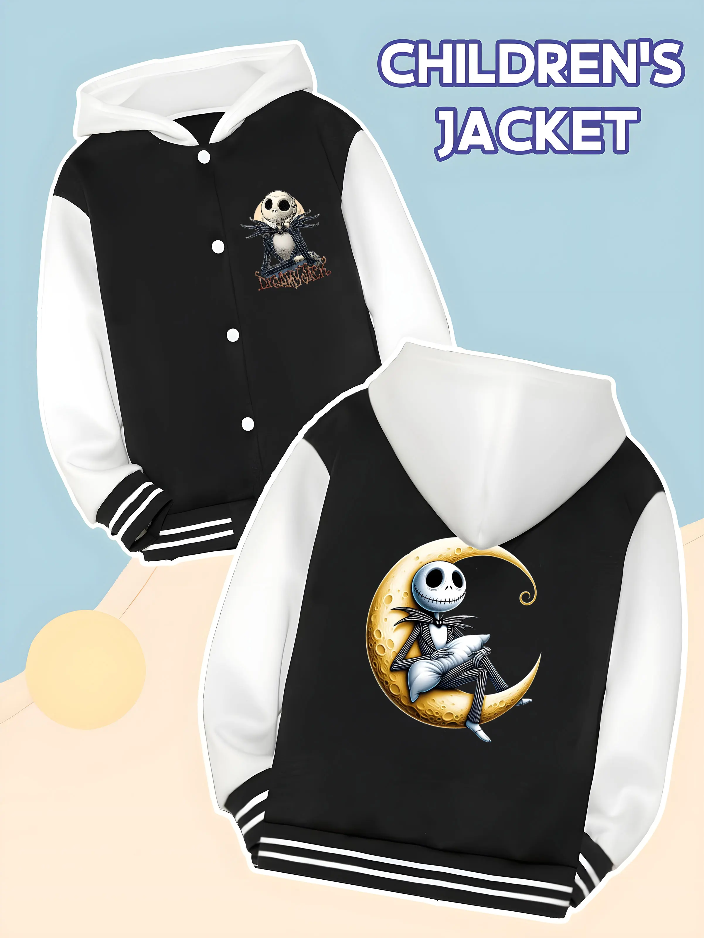

MINISO Disney Nightmare Before Christmas Baseball Boys Jacket - Jack Moon Print, Everyday Math, Versatile and Durable