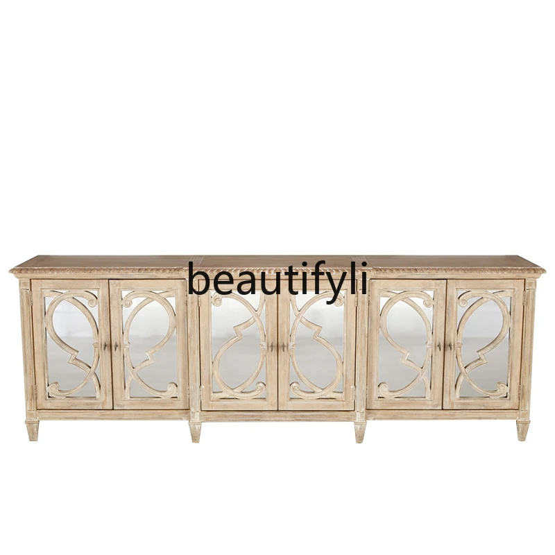 

French retro TV cabinet log carving antique old carving mirror side cabinet solid wood