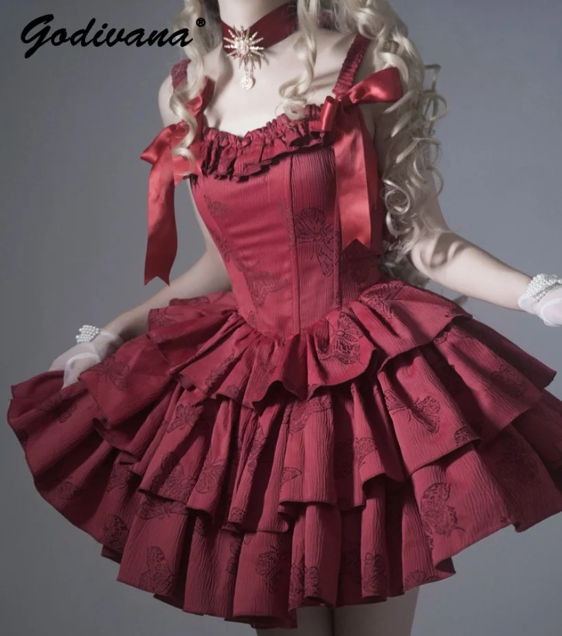 Original Gothic Halloween Red Dress Subculture Sweet Girls Ballet Fishbone Birthday Party Lolita Puffy Dresses Women Christmas