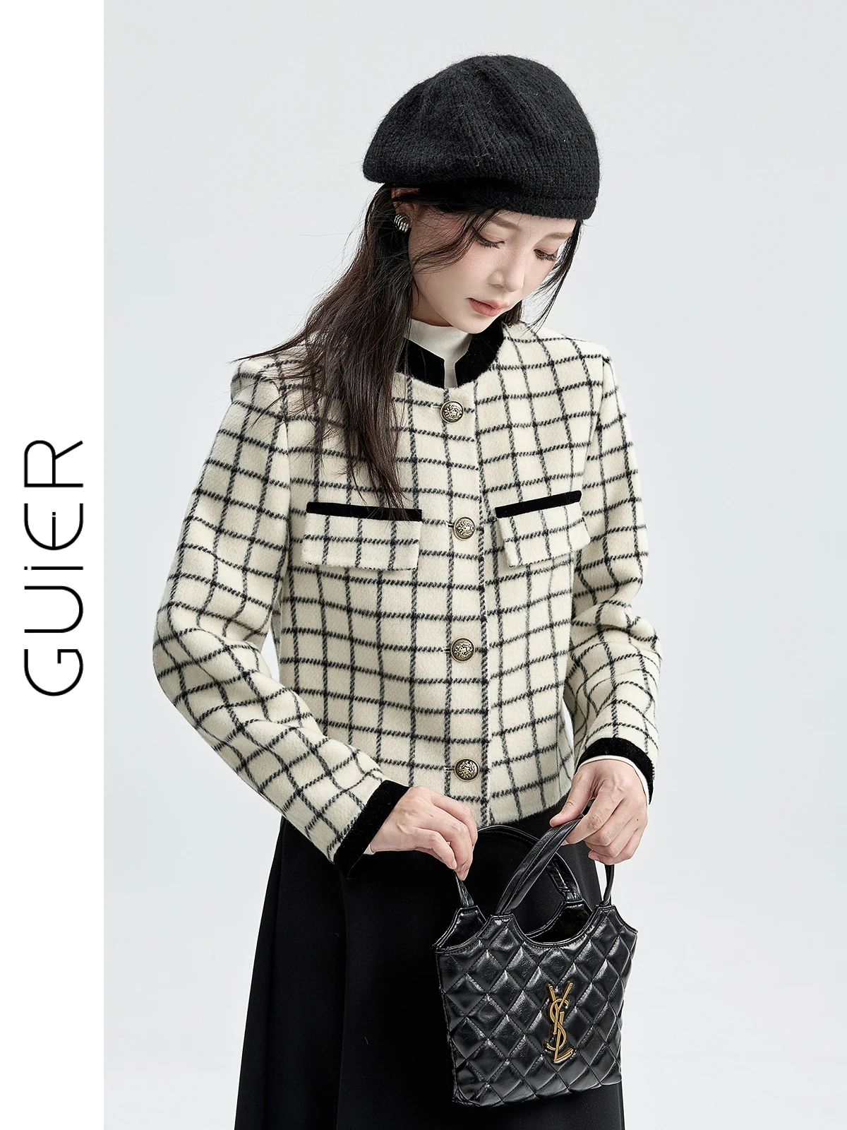 

Женское шерстяное пальто Guier 2025: Новинка осенне-зимнего сезона, элегантное, высококачественное, из твида, модное, стеганое, с отложным воротником, длинное, с длинными рукавами