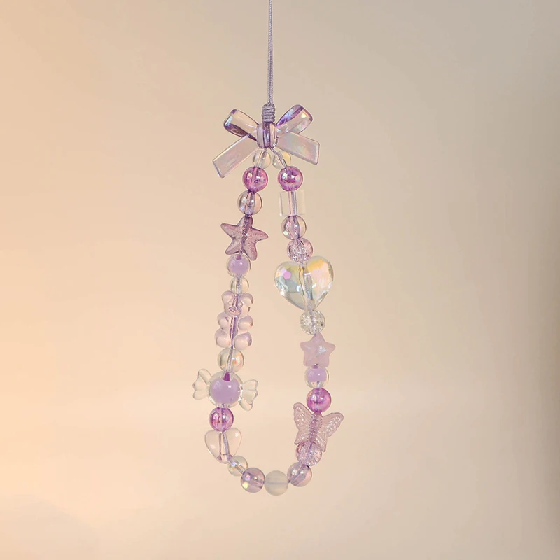 Sweet Purple Bow Cell Phone Lanyard Y2K Beautiful Heart-shaped Beaded Cell Phone Lanyard Drop-proof Phone Chain