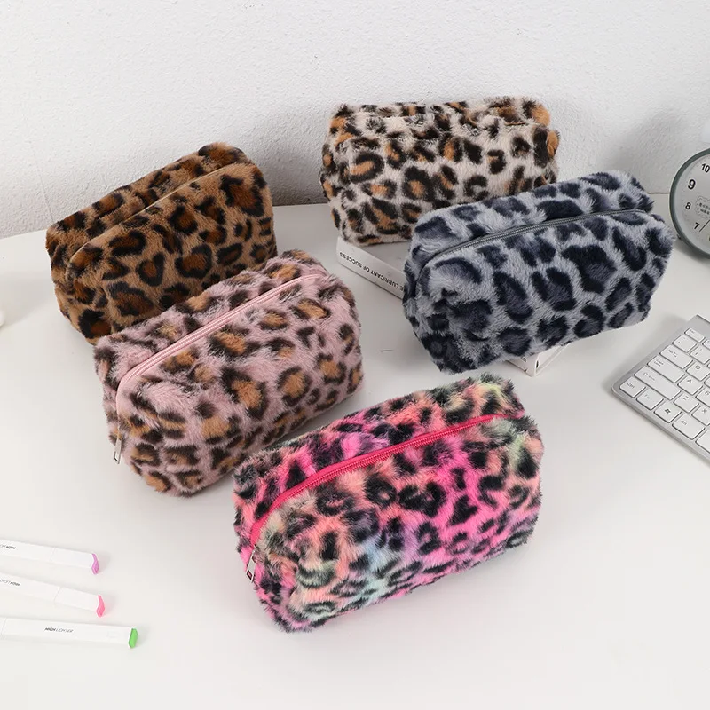 Leopard Soft Plush Travel Cosmetic Lipstick Brush Storage Bag Toiletry Kit Women Makeup Handbags Organizer Pouch Bag Pencil Case