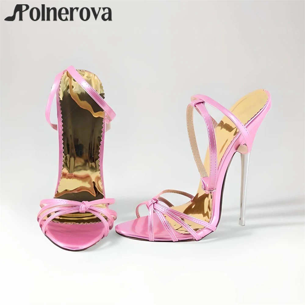 16cm Metallic Stiletto Knot Sandals Sexy Style Patent Leather Ankle Buckle Sandals Sexy Fetish Handmade Summer Sandals for Women