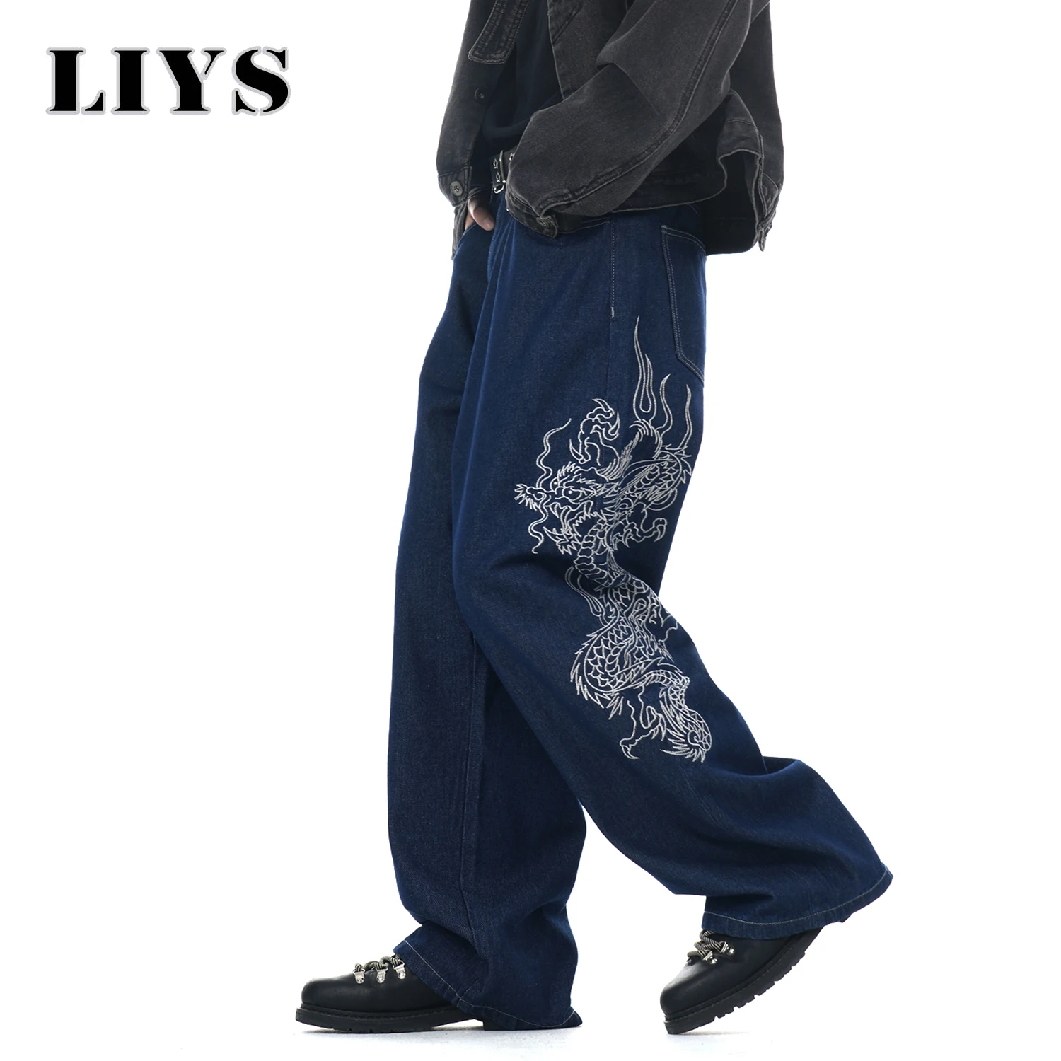 

New Men's Blue Loose Dragon Embroidered Wide Leg Jeans Autumn Winter Classic Blue Baggy Washed Denim Pants Unisex Clothing