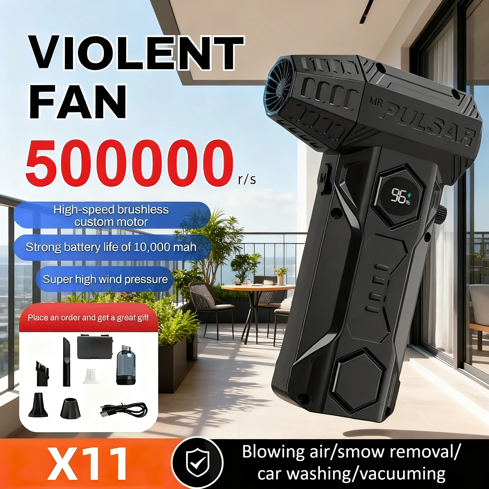 

Powerful fan hair dryer, X11 500000 RPM, displays battery level, snow and dust vacuum cleaner，Automobile jet fan，extensive use.