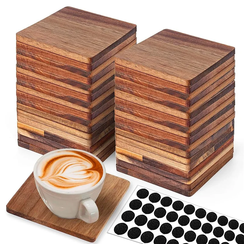 

ABKO-Acacia-Wooden For Crafts 36 Pieces Unfinished Wood Coasters, 4 Inch Square Non-Slip Silicone Dots Included
