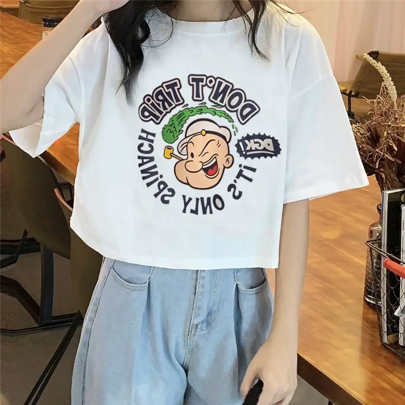 Sommer 2025, schmale Passform, S Sve-T-Shirt für Damen, Cartoon-Druck, reine Farbe, koreanisches Sle, vielseitiges, rundes, hautlanges Oberteil