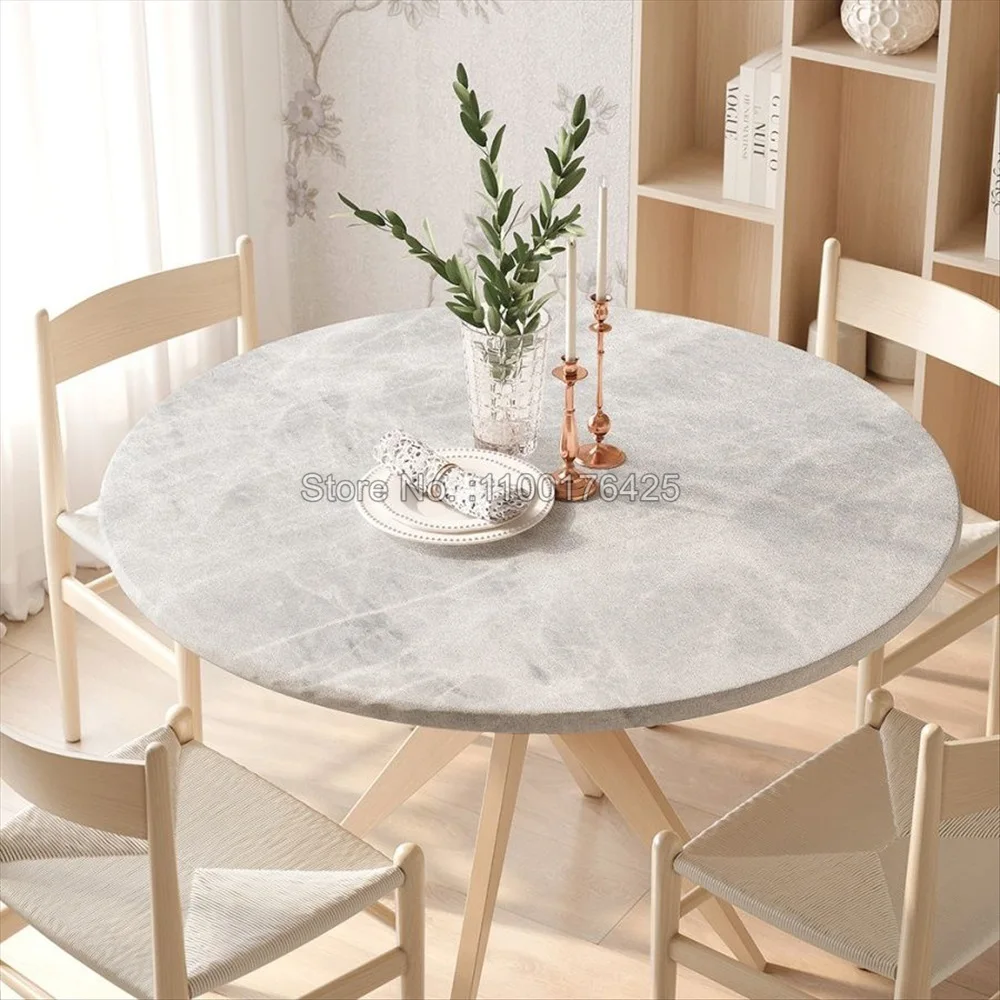 Marble Texture Fitted Round Tablecloth Waterproof Table Covers Elastic Edged White Marble Pattern Table Clothes for Dining Table